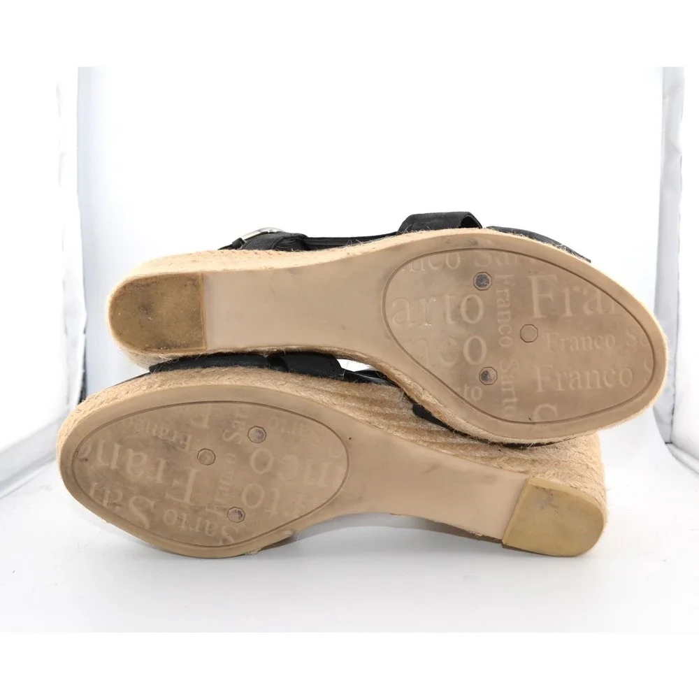 Franco Sarto Wedge Sandals Women 8 Black Espadrille Leather Women‎ Peep Toe